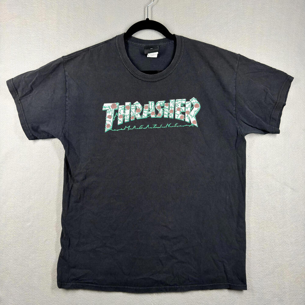 Thrasher Magazine Black‎ Graphic T-Shirt Large Roses Skateboarding Grunge y2k